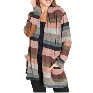 Egs Multi Colored Striped Suede Elbow Patch Open Cardigan with Pockets Size S/M